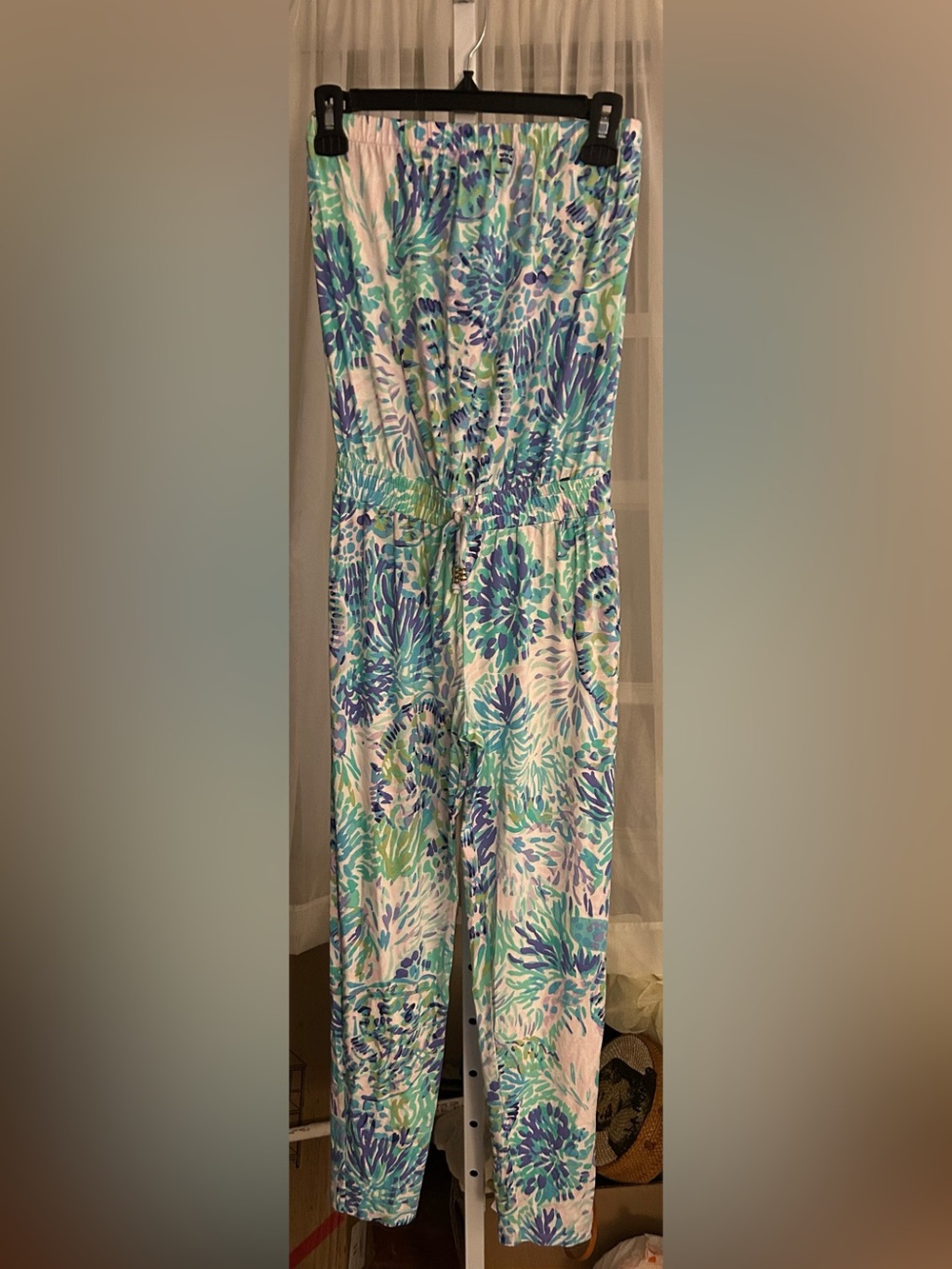 Lilly Pulitzer Farrah Strapless Floral Jumpsuit in Blue & Green Floral
